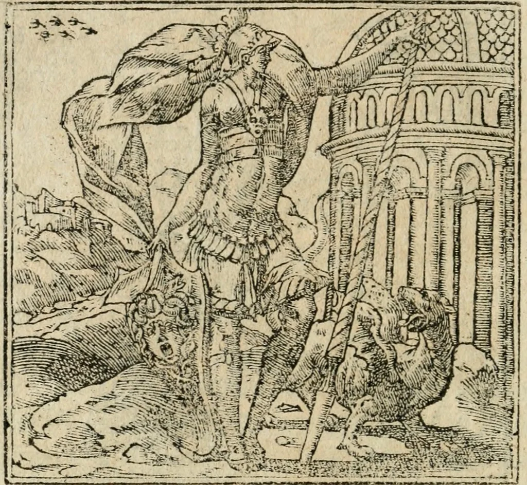 An illustration from Francisci Sanctii Brocensis in inclyta Salmaticensi Academia rhetoricae Graecaeque linguae professoris Comment. in And. Alciati emblemata : nunc denuo multis in locis accurate recognita, & quamplurimis figuris illustrata : cum indice copiosissimo, 1573, leaf 97