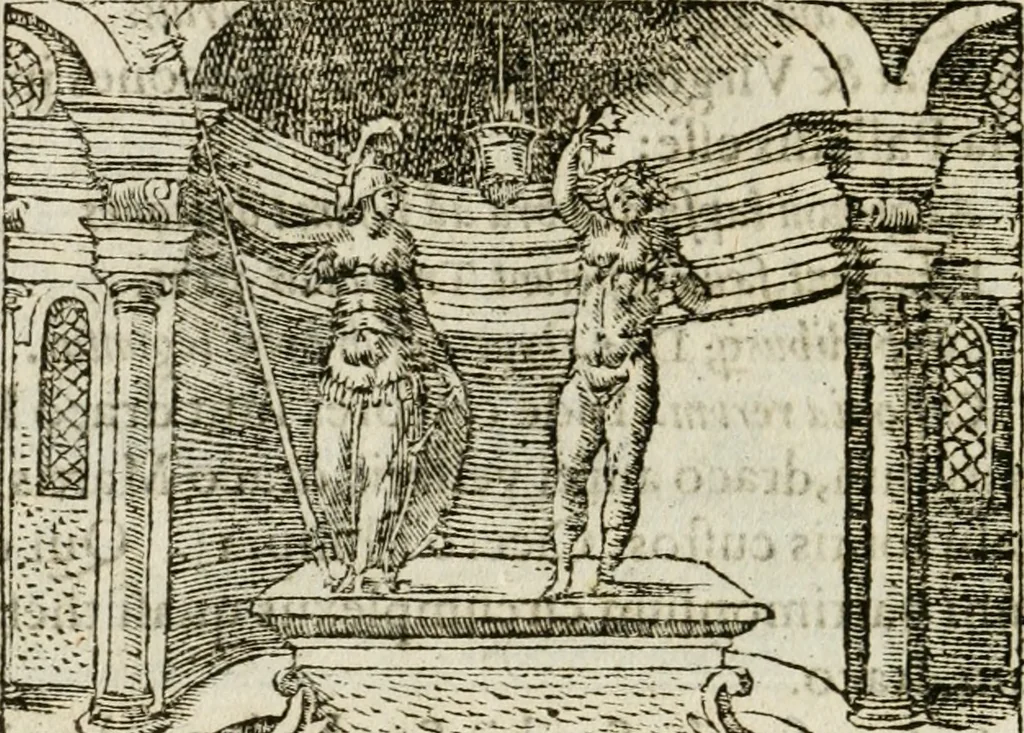 An illustration from Francisci Sanctii Brocensis in inclyta Salmaticensi Academia rhetoricae Graecaeque linguae professoris Comment. in And. Alciati emblemata : nunc denuo multis in locis accurate recognita, & quamplurimis figuris illustrata : cum indice copiosissimo, 1573, leaf 99