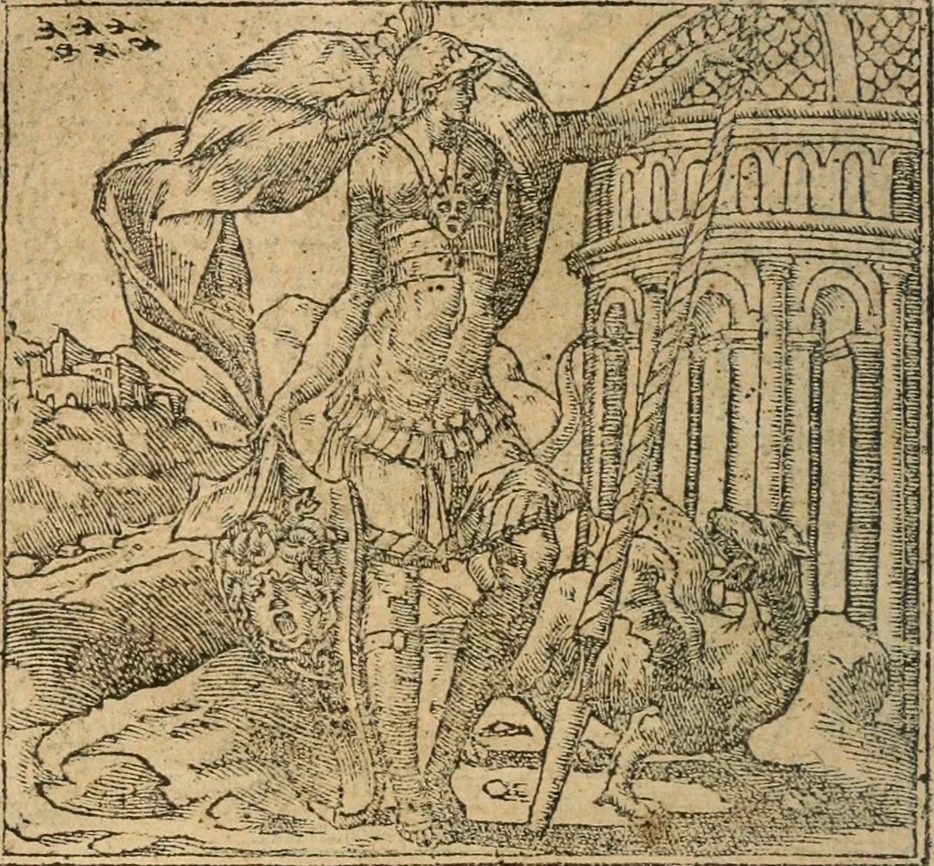 An illustration from Francisci Sanctii Brocensis In inclyta Salmaticensi Academia Rhetoricæ, Graecæque linguæ professoris Comment. in And. Alciati Emblemata : nunc denuò multis in locis accuratè recognita, & quamplurimis figuris illustrata ; cum indice copiosissimo, 1573, leaf 103