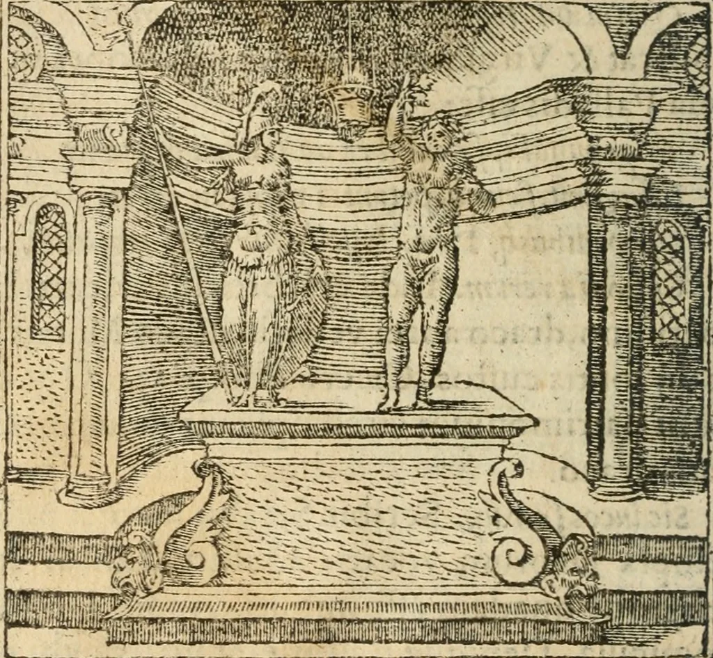 An illustration from Francisci Sanctii Brocensis In inclyta Salmaticensi Academia Rhetoricæ, Graecæque linguæ professoris Comment. in And. Alciati Emblemata : nunc denuò multis in locis accuratè recognita, & quamplurimis figuris illustrata ; cum indice copiosissimo, 1573, leaf 105