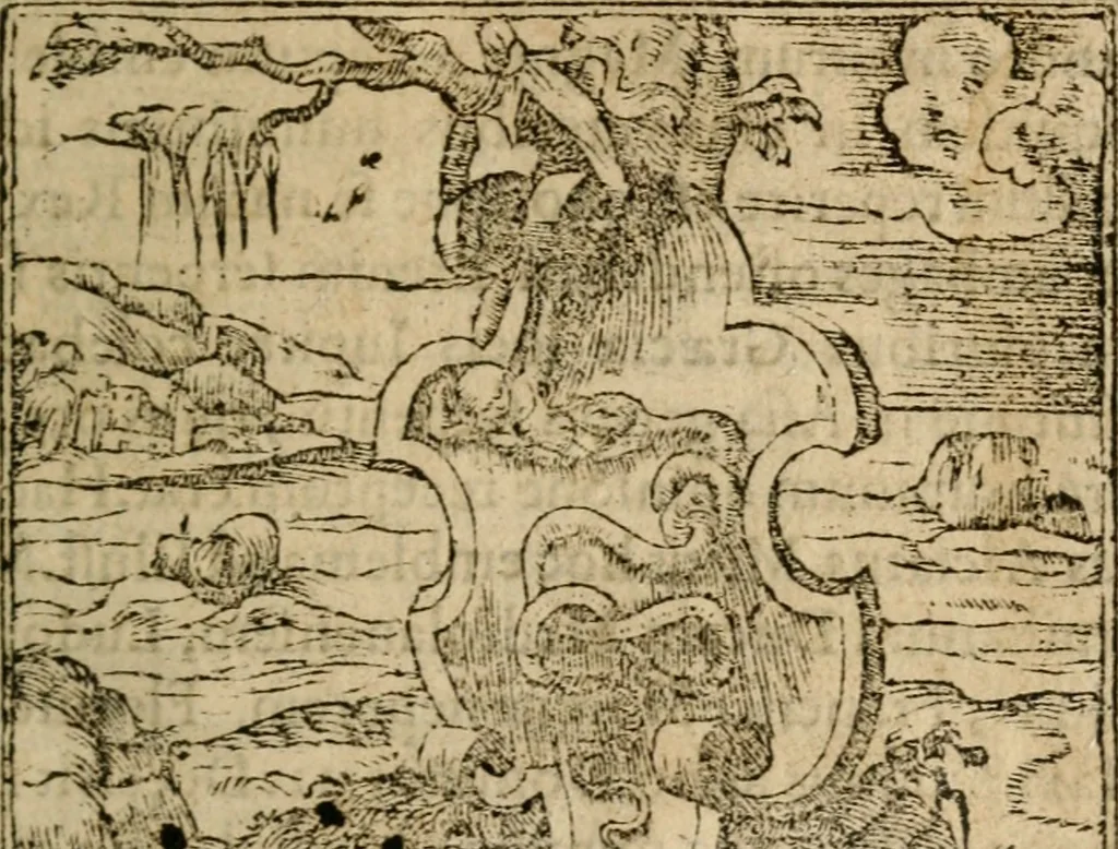 An illustration from Francisci Sanctii Brocensis In inclyta Salmaticensi Academia Rhetoricæ, Graecæque linguæ professoris Comment. in And. Alciati Emblemata : nunc denuò multis in locis accuratè recognita, & quamplurimis figuris illustrata ; cum indice copiosissimo, 1573, leaf 16