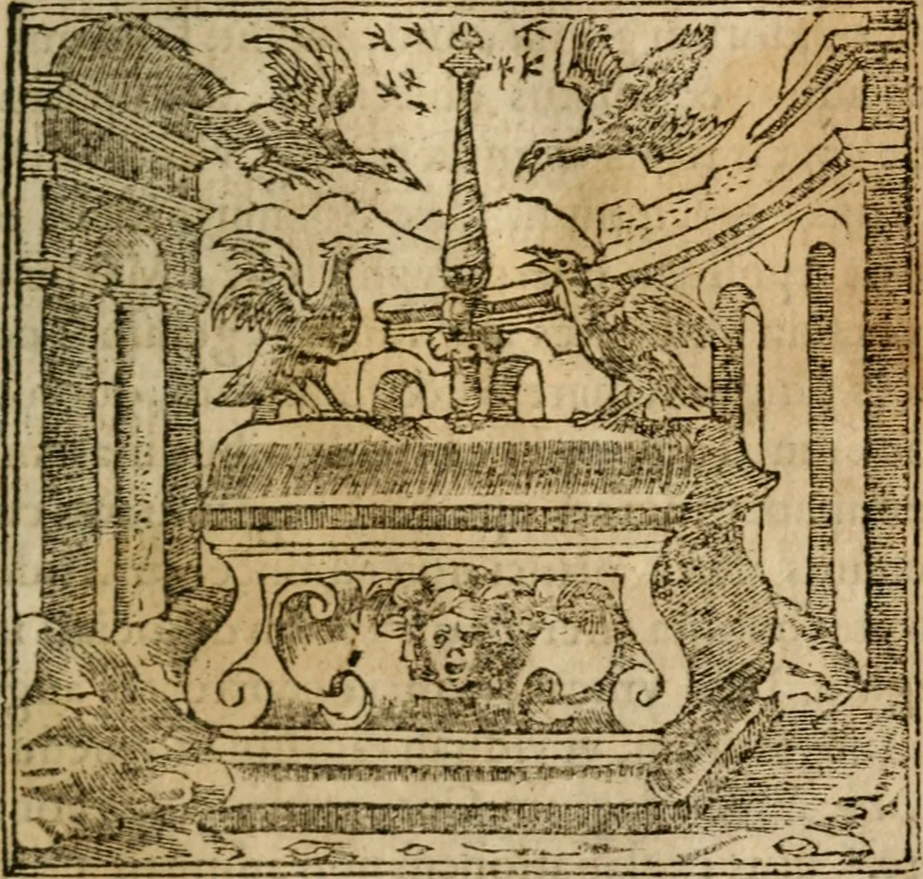An illustration from Francisci Sanctii Brocensis In inclyta Salmaticensi Academia Rhetoricæ, Graecæque linguæ professoris Comment. in And. Alciati Emblemata : nunc denuò multis in locis accuratè recognita, & quamplurimis figuris illustrata ; cum indice copiosissimo, 1573, leaf 166