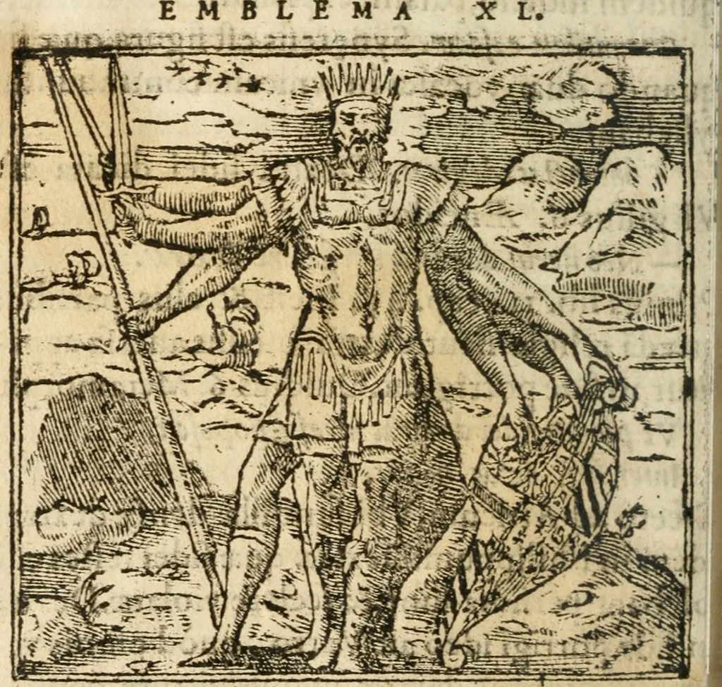 An illustration from Francisci Sanctii Brocensis In inclyta Salmaticensi Academia Rhetoricæ, Graecæque linguæ professoris Comment. in And. Alciati Emblemata : nunc denuò multis in locis accuratè recognita, & quamplurimis figuris illustrata ; cum indice copiosissimo, 1573, leaf 171