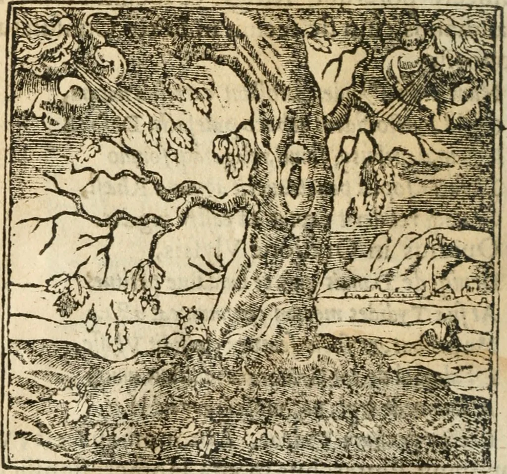 An illustration from Francisci Sanctii Brocensis In inclyta Salmaticensi Academia Rhetoricæ, Graecæque linguæ professoris Comment. in And. Alciati Emblemata : nunc denuò multis in locis accuratè recognita, & quamplurimis figuris illustrata ; cum indice copiosissimo, 1573, leaf 175