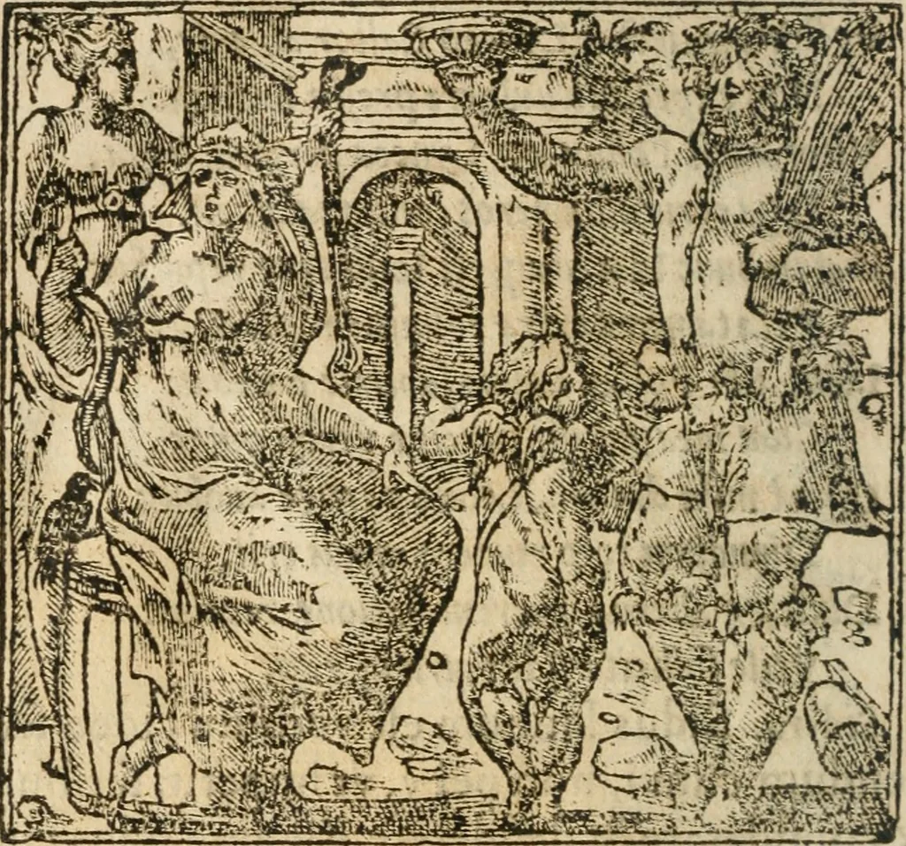 An illustration from Francisci Sanctii Brocensis In inclyta Salmaticensi Academia Rhetoricæ, Graecæque linguæ professoris Comment. in And. Alciati Emblemata : nunc denuò multis in locis accuratè recognita, & quamplurimis figuris illustrata ; cum indice copiosissimo, 1573, leaf 183