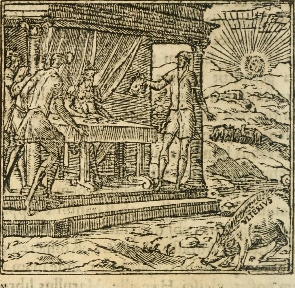 An illustration from Francisci Sanctii Brocensis In inclyta Salmaticensi Academia Rhetoricæ, Graecæque linguæ professoris Comment. in And. Alciati Emblemata : nunc denuò multis in locis accuratè recognita, & quamplurimis figuris illustrata ; cum indice copiosissimo, 1573, leaf 189