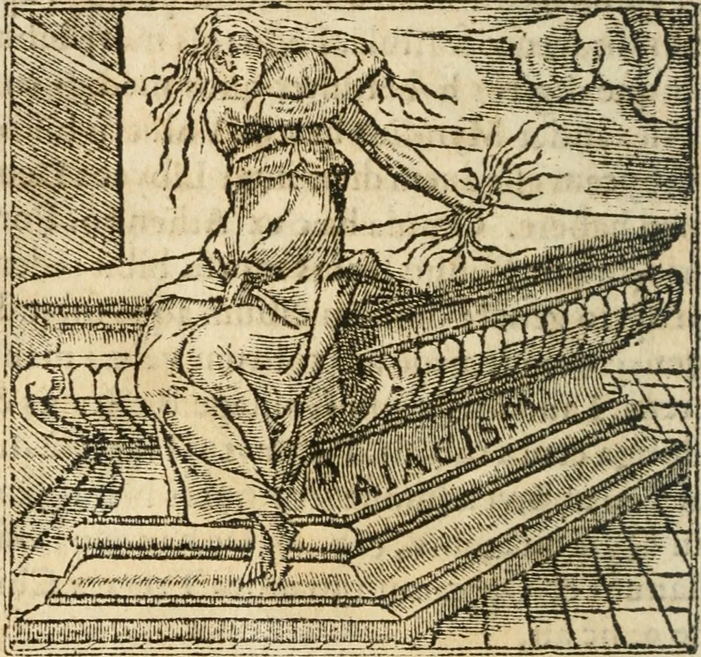 An illustration from Francisci Sanctii Brocensis In inclyta Salmaticensi Academia Rhetoricæ, Graecæque linguæ professoris Comment. in And. Alciati Emblemata : nunc denuò multis in locis accuratè recognita, & quamplurimis figuris illustrata ; cum indice copiosissimo, 1573, leaf 193