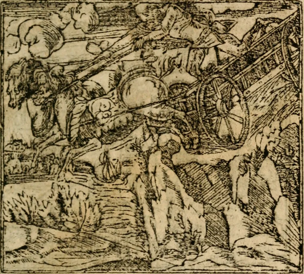 An illustration from Francisci Sanctii Brocensis In inclyta Salmaticensi Academia Rhetoricæ, Graecæque linguæ professoris Comment. in And. Alciati Emblemata : nunc denuò multis in locis accuratè recognita, & quamplurimis figuris illustrata ; cum indice copiosissimo, 1573, leaf 208