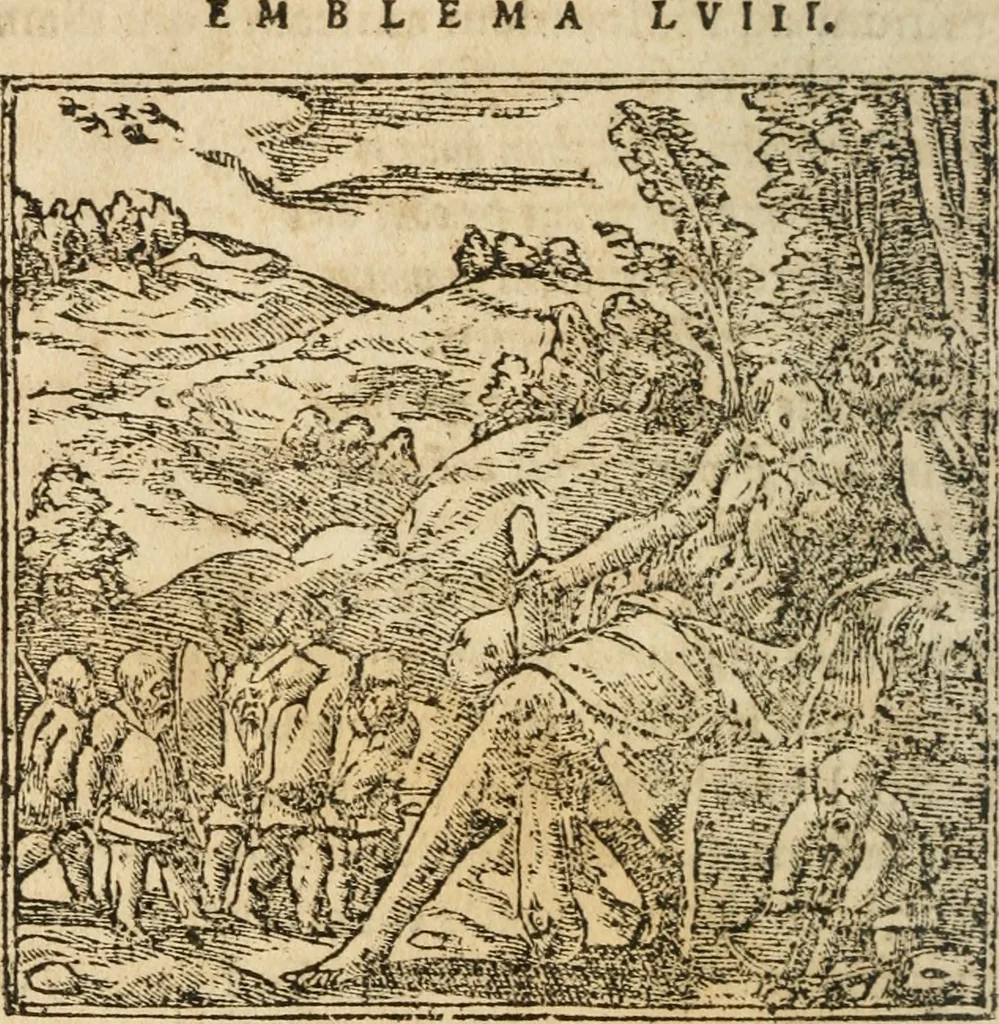 An illustration from Francisci Sanctii Brocensis In inclyta Salmaticensi Academia Rhetoricæ, Graecæque linguæ professoris Comment. in And. Alciati Emblemata : nunc denuò multis in locis accuratè recognita, & quamplurimis figuris illustrata ; cum indice copiosissimo, 1573, leaf 213