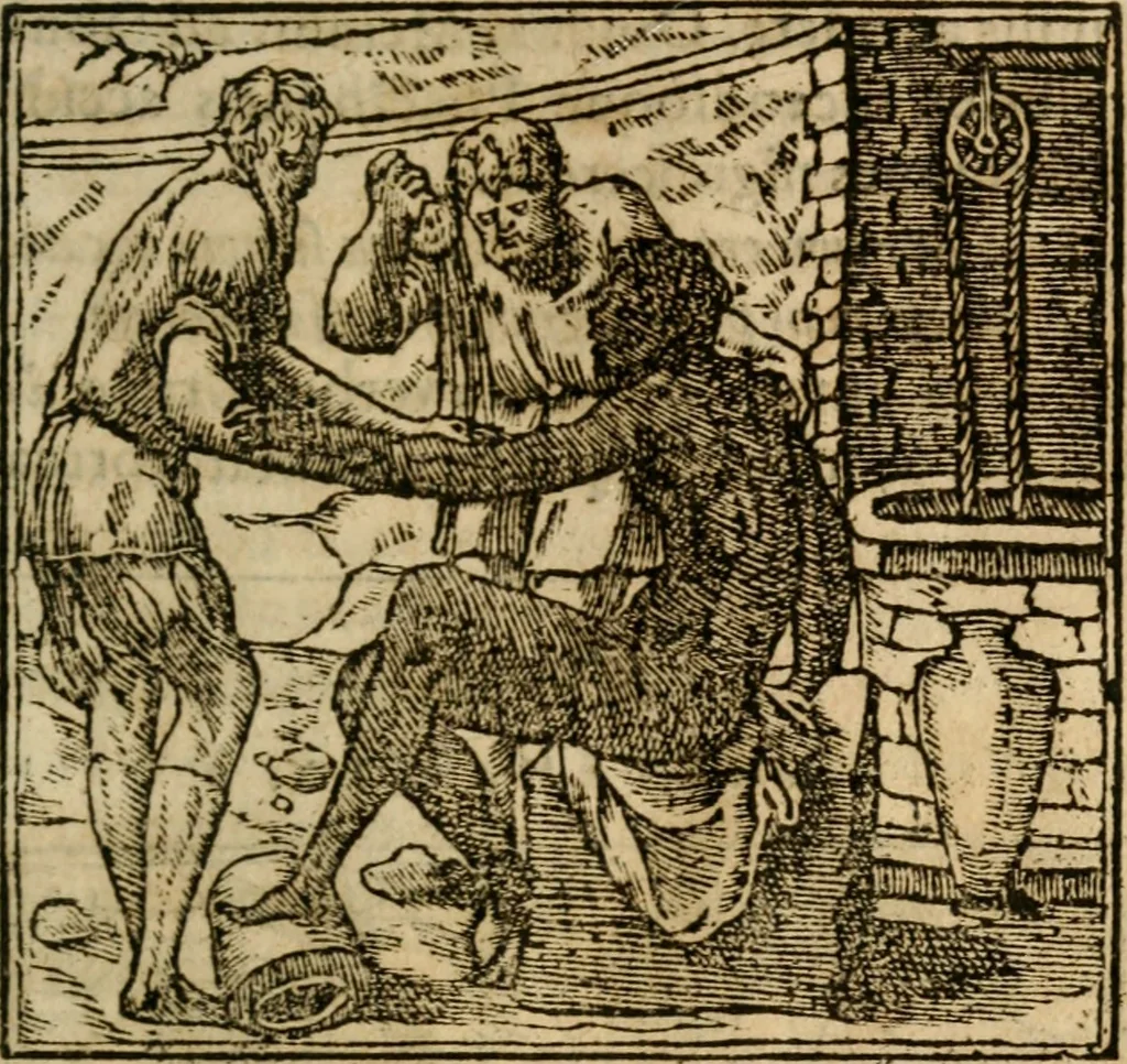 An illustration from Francisci Sanctii Brocensis In inclyta Salmaticensi Academia Rhetoricæ, Graecæque linguæ professoris Comment. in And. Alciati Emblemata : nunc denuò multis in locis accuratè recognita, & quamplurimis figuris illustrata ; cum indice copiosissimo, 1573, leaf 216