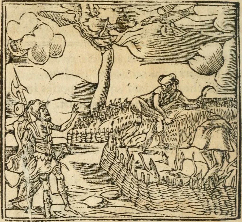 An illustration from Francisci Sanctii Brocensis In inclyta Salmaticensi Academia Rhetoricæ, Graecæque linguæ professoris Comment. in And. Alciati Emblemata : nunc denuò multis in locis accuratè recognita, & quamplurimis figuris illustrata ; cum indice copiosissimo, 1573, leaf 217