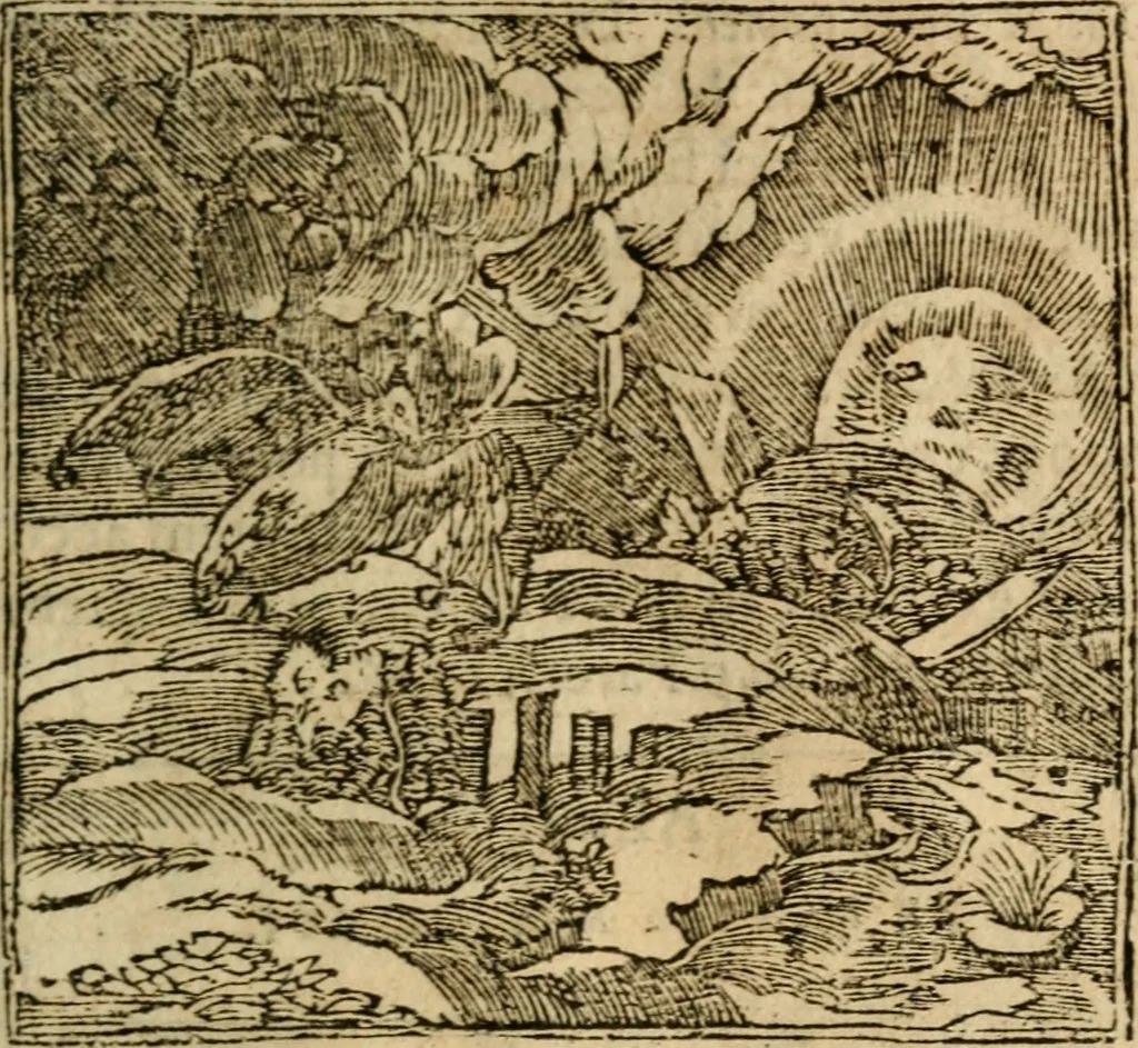 An illustration from Francisci Sanctii Brocensis In inclyta Salmaticensi Academia Rhetoricæ, Graecæque linguæ professoris Comment. in And. Alciati Emblemata : nunc denuò multis in locis accuratè recognita, & quamplurimis figuris illustrata ; cum indice copiosissimo, 1573, leaf 220