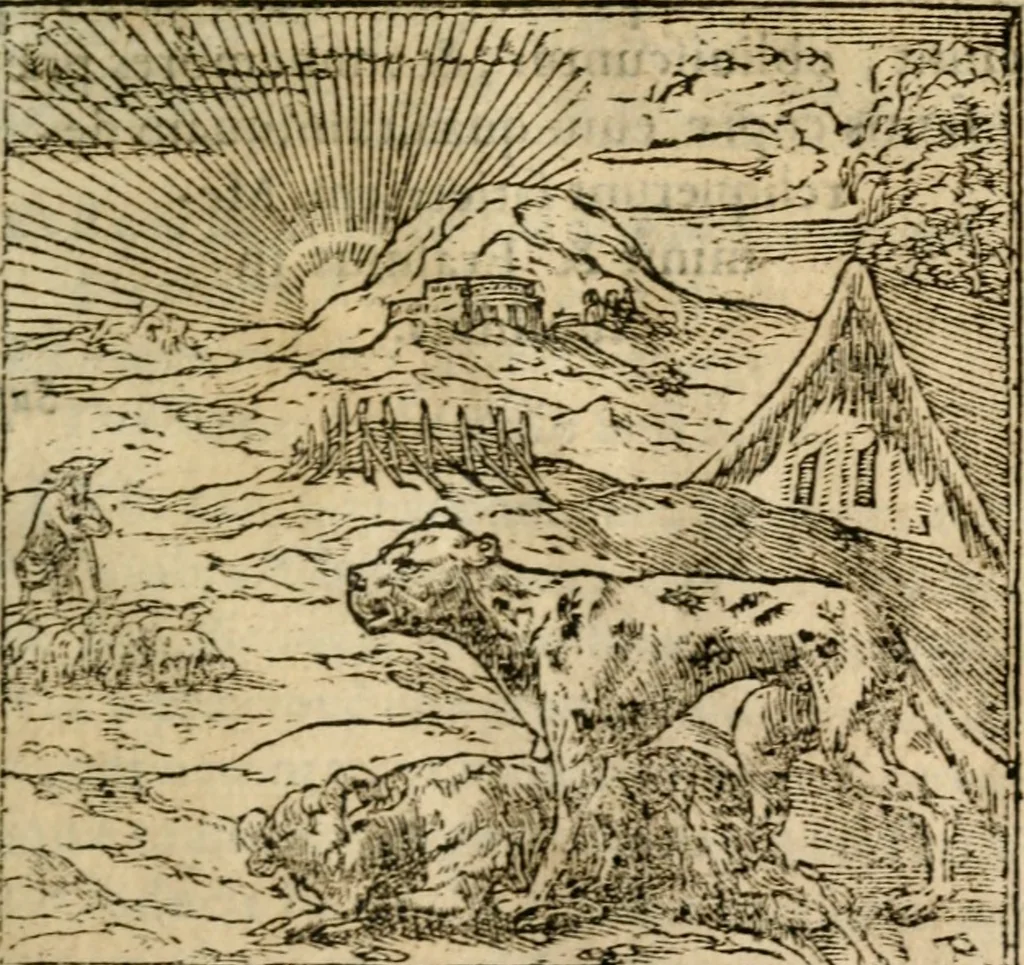 An illustration from Francisci Sanctii Brocensis In inclyta Salmaticensi Academia Rhetoricæ, Graecæque linguæ professoris Comment. in And. Alciati Emblemata : nunc denuò multis in locis accuratè recognita, & quamplurimis figuris illustrata ; cum indice copiosissimo, 1573, leaf 228