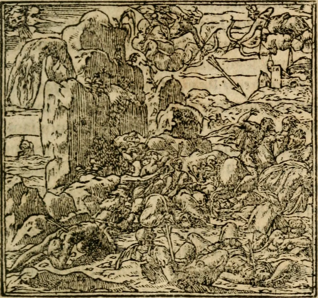 An illustration from Francisci Sanctii Brocensis In inclyta Salmaticensi Academia Rhetoricæ, Graecæque linguæ professoris Comment. in And. Alciati Emblemata : nunc denuò multis in locis accuratè recognita, & quamplurimis figuris illustrata ; cum indice copiosissimo, 1573, leaf 230