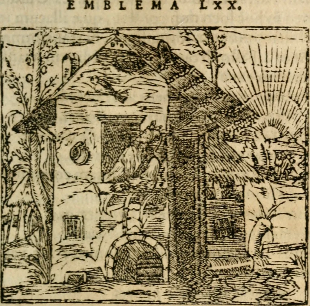 An illustration from Francisci Sanctii Brocensis In inclyta Salmaticensi Academia Rhetoricæ, Graecæque linguæ professoris Comment. in And. Alciati Emblemata : nunc denuò multis in locis accuratè recognita, & quamplurimis figuris illustrata ; cum indice copiosissimo, 1573, leaf 240