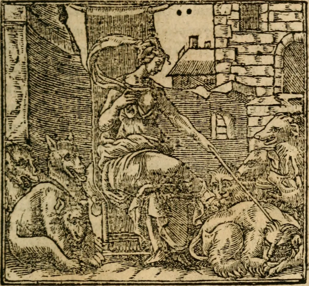 An illustration from Francisci Sanctii Brocensis In inclyta Salmaticensi Academia Rhetoricæ, Graecæque linguæ professoris Comment. in And. Alciati Emblemata : nunc denuò multis in locis accuratè recognita, & quamplurimis figuris illustrata ; cum indice copiosissimo, 1573, leaf 254