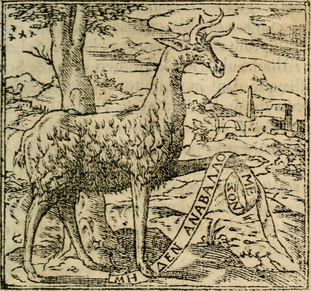 An illustration from Francisci Sanctii Brocensis In inclyta Salmaticensi Academia Rhetoricæ, Graecæque linguæ professoris Comment. in And. Alciati Emblemata : nunc denuò multis in locis accuratè recognita, & quamplurimis figuris illustrata ; cum indice copiosissimo, 1573, leaf 26