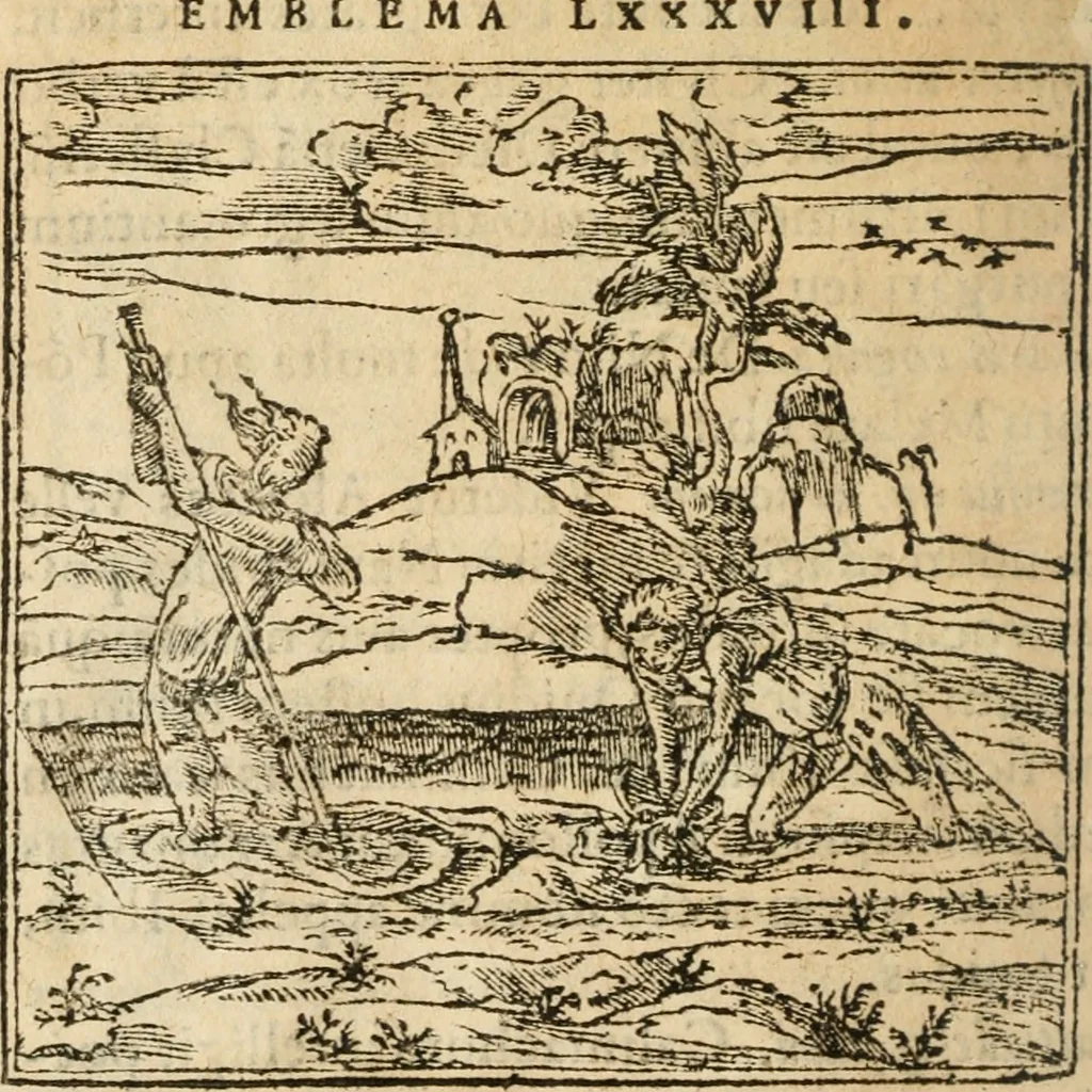 An illustration from Francisci Sanctii Brocensis In inclyta Salmaticensi Academia Rhetoricæ, Graecæque linguæ professoris Comment. in And. Alciati Emblemata : nunc denuò multis in locis accuratè recognita, & quamplurimis figuris illustrata ; cum indice copiosissimo, 1573, leaf 281
