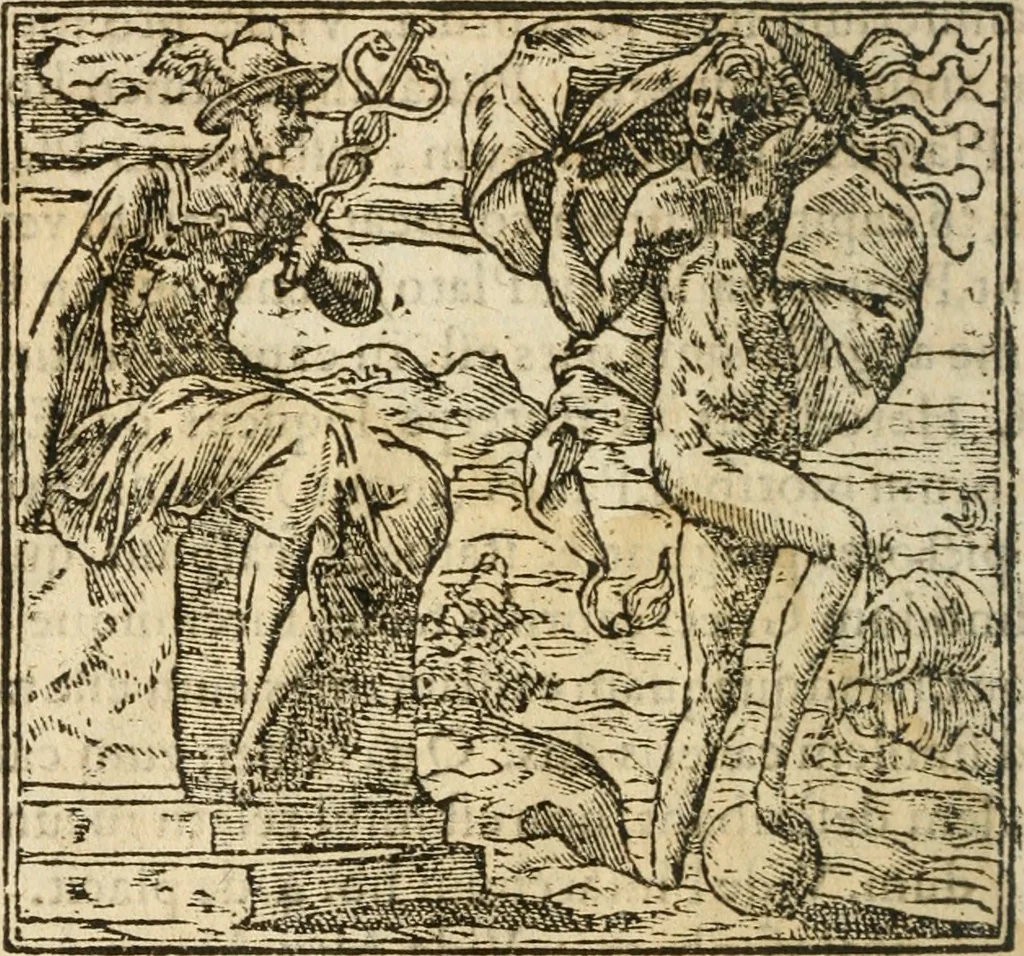 An illustration from Francisci Sanctii Brocensis In inclyta Salmaticensi Academia Rhetoricæ, Graecæque linguæ professoris Comment. in And. Alciati Emblemata : nunc denuò multis in locis accuratè recognita, & quamplurimis figuris illustrata ; cum indice copiosissimo, 1573, leaf 307