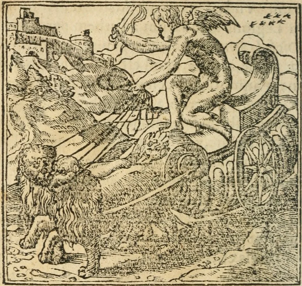 An illustration from Francisci Sanctii Brocensis In inclyta Salmaticensi Academia Rhetoricæ, Graecæque linguæ professoris Comment. in And. Alciati Emblemata : nunc denuò multis in locis accuratè recognita, & quamplurimis figuris illustrata ; cum indice copiosissimo, 1573, leaf 327