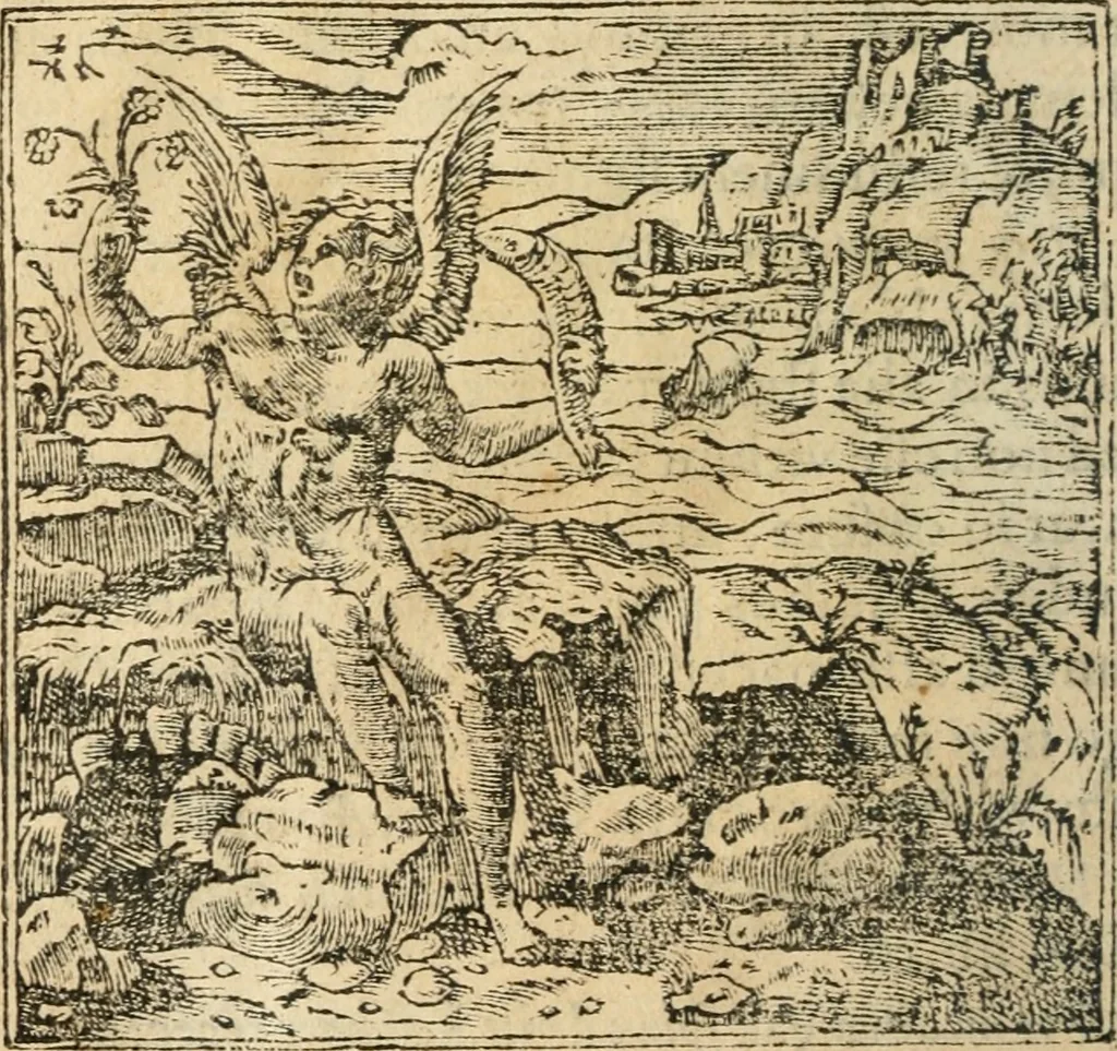 An illustration from Francisci Sanctii Brocensis In inclyta Salmaticensi Academia Rhetoricæ, Graecæque linguæ professoris Comment. in And. Alciati Emblemata : nunc denuò multis in locis accuratè recognita, & quamplurimis figuris illustrata ; cum indice copiosissimo, 1573, leaf 329