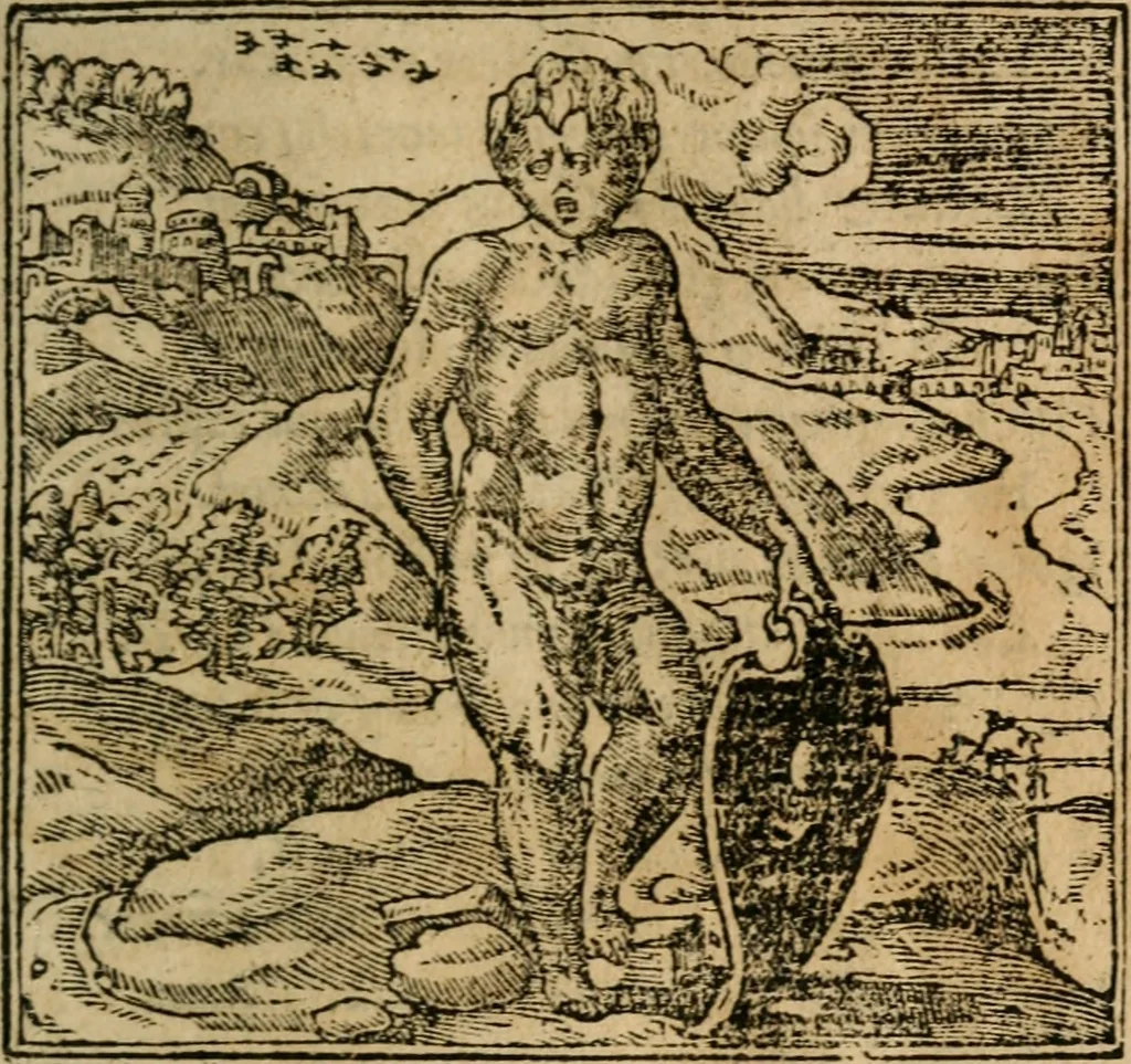 An illustration from Francisci Sanctii Brocensis In inclyta Salmaticensi Academia Rhetoricæ, Graecæque linguæ professoris Comment. in And. Alciati Emblemata : nunc denuò multis in locis accuratè recognita, & quamplurimis figuris illustrata ; cum indice copiosissimo, 1573, leaf 342