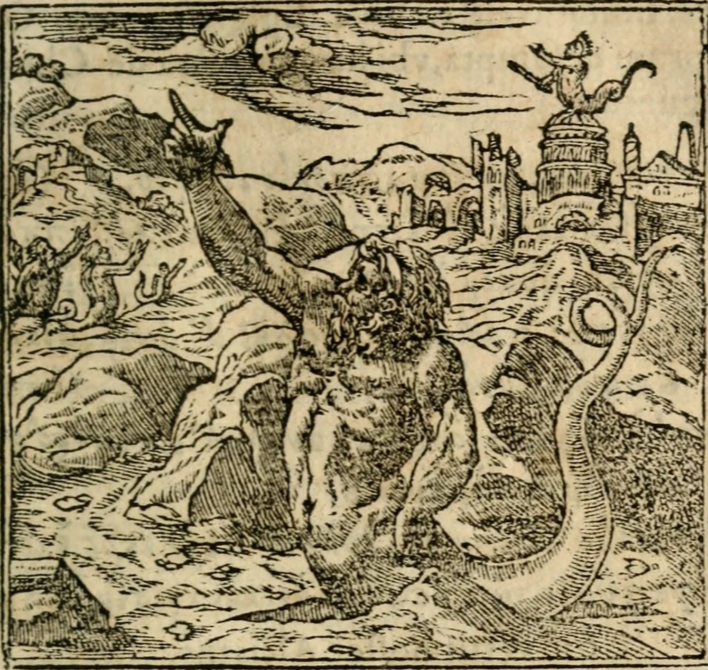An illustration from Francisci Sanctii Brocensis In inclyta Salmaticensi Academia Rhetoricæ, Graecæque linguæ professoris Comment. in And. Alciati Emblemata : nunc denuò multis in locis accuratè recognita, & quamplurimis figuris illustrata ; cum indice copiosissimo, 1573, leaf 36