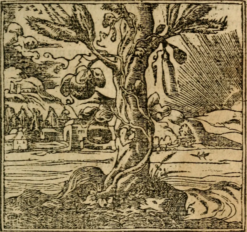 An illustration from Francisci Sanctii Brocensis In inclyta Salmaticensi Academia Rhetoricæ, Graecæque linguæ professoris Comment. in And. Alciati Emblemata : nunc denuò multis in locis accuratè recognita, & quamplurimis figuris illustrata ; cum indice copiosissimo, 1573, leaf 376