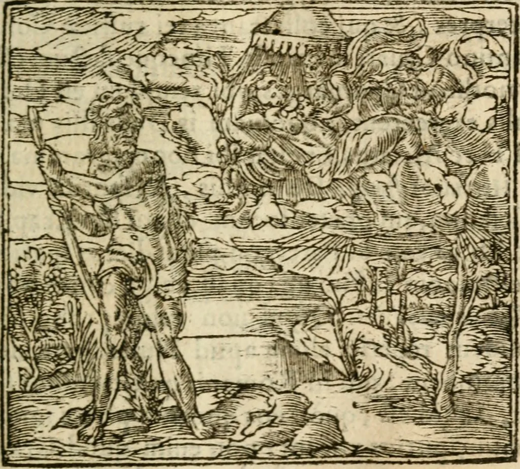 An illustration from Francisci Sanctii Brocensis In inclyta Salmaticensi Academia Rhetoricæ, Graecæque linguæ professoris Comment. in And. Alciati Emblemata : nunc denuò multis in locis accuratè recognita, & quamplurimis figuris illustrata ; cum indice copiosissimo, 1573, leaf 412