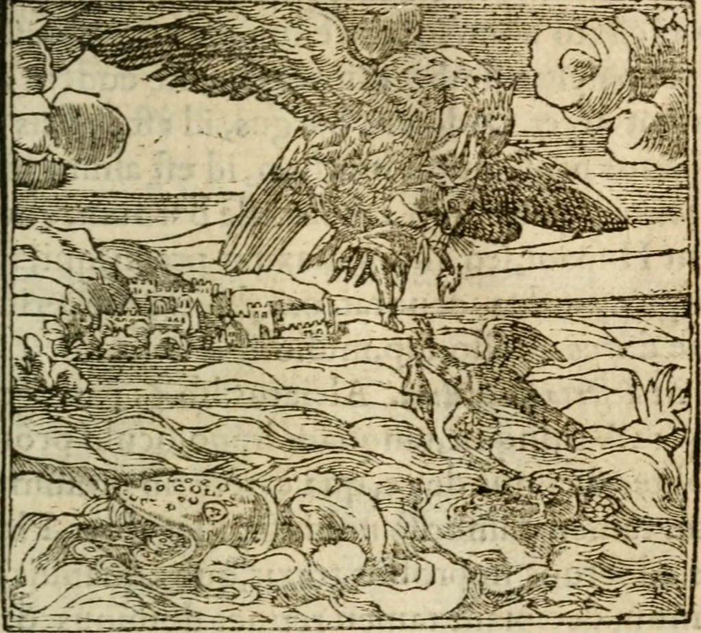 An illustration from Francisci Sanctii Brocensis In inclyta Salmaticensi Academia Rhetoricæ, Graecæque linguæ professoris Comment. in And. Alciati Emblemata : nunc denuò multis in locis accuratè recognita, & quamplurimis figuris illustrata ; cum indice copiosissimo, 1573, leaf 418