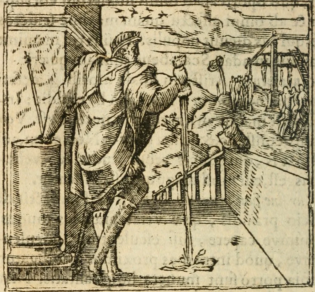 An illustration from Francisci Sanctii Brocensis In inclyta Salmaticensi Academia Rhetoricæ, Graecæque linguæ professoris Comment. in And. Alciati Emblemata : nunc denuò multis in locis accuratè recognita, & quamplurimis figuris illustrata ; cum indice copiosissimo, 1573, leaf 427
