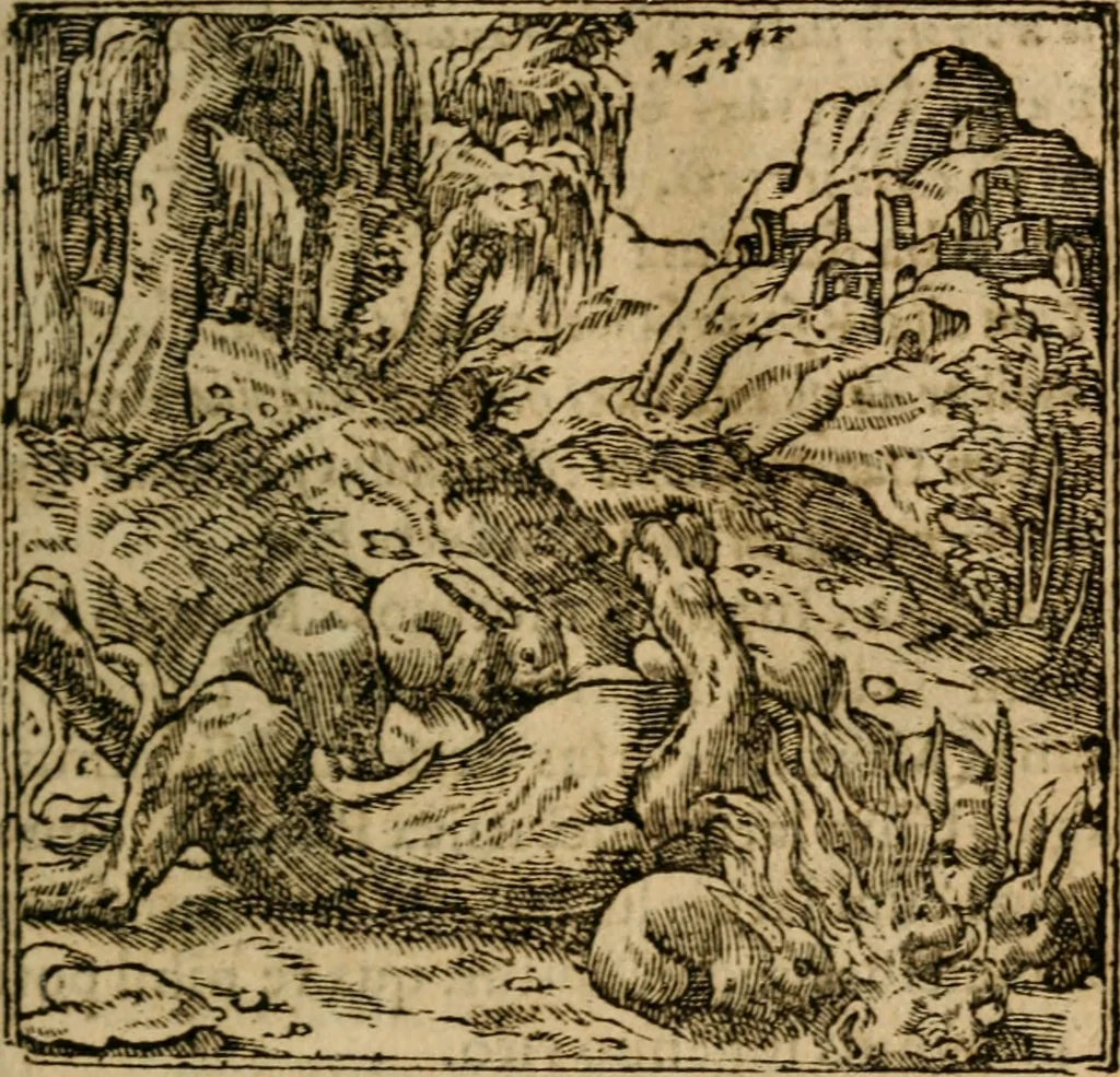 An illustration from Francisci Sanctii Brocensis In inclyta Salmaticensi Academia Rhetoricæ, Graecæque linguæ professoris Comment. in And. Alciati Emblemata : nunc denuò multis in locis accuratè recognita, & quamplurimis figuris illustrata ; cum indice copiosissimo, 1573, leaf 444