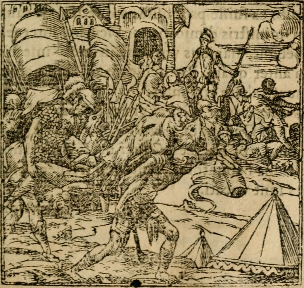 An illustration from Francisci Sanctii Brocensis In inclyta Salmaticensi Academia Rhetoricæ, Graecæque linguæ professoris Comment. in And. Alciati Emblemata : nunc denuò multis in locis accuratè recognita, & quamplurimis figuris illustrata ; cum indice copiosissimo, 1573, leaf 458