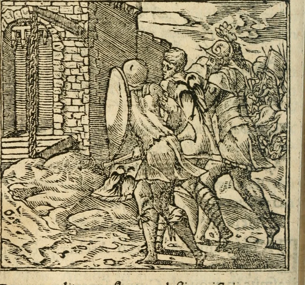 An illustration from Francisci Sanctii Brocensis In inclyta Salmaticensi Academia Rhetoricæ, Graecæque linguæ professoris Comment. in And. Alciati Emblemata : nunc denuò multis in locis accuratè recognita, & quamplurimis figuris illustrata ; cum indice copiosissimo, 1573, leaf 485