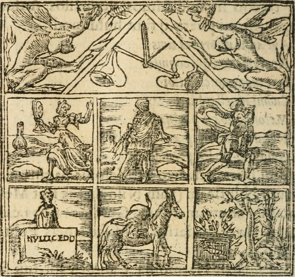 An illustration from Francisci Sanctii Brocensis In inclyta Salmaticensi Academia Rhetoricæ, Graecæque linguæ professoris Comment. in And. Alciati Emblemata : nunc denuò multis in locis accuratè recognita, & quamplurimis figuris illustrata ; cum indice copiosissimo, 1573, leaf 519