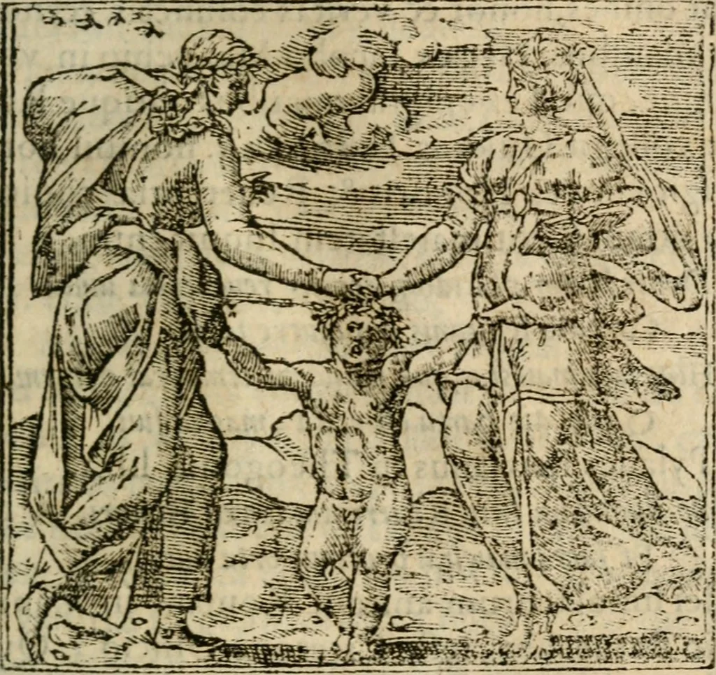 An illustration from Francisci Sanctii Brocensis In inclyta Salmaticensi Academia Rhetoricæ, Graecæque linguæ professoris Comment. in And. Alciati Emblemata : nunc denuò multis in locis accuratè recognita, & quamplurimis figuris illustrata ; cum indice copiosissimo, 1573, leaf 54