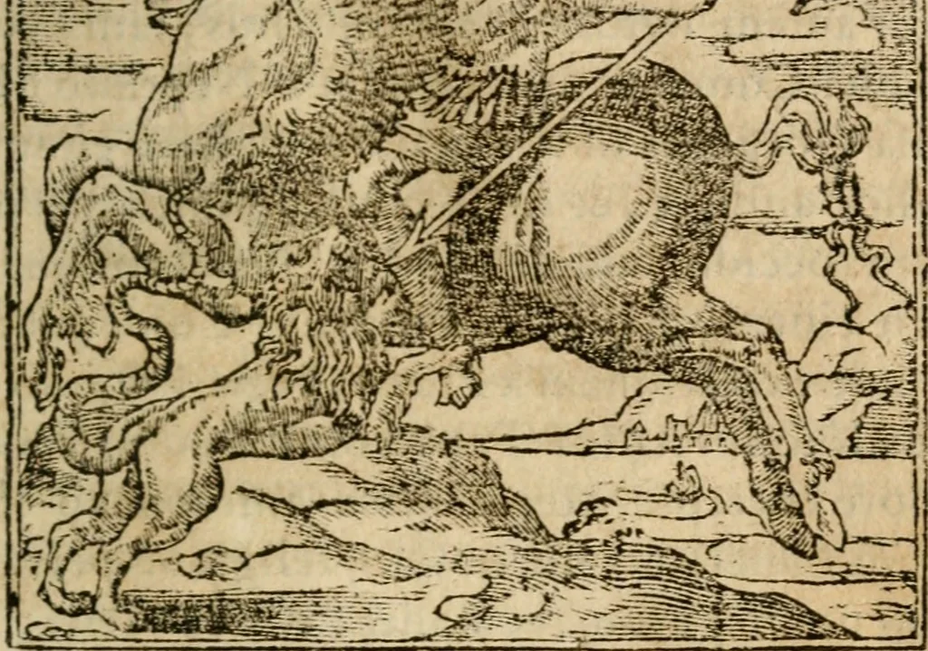 An illustration from Francisci Sanctii Brocensis In inclyta Salmaticensi Academia Rhetoricæ, Graecæque linguæ professoris Comment. in And. Alciati Emblemata : nunc denuò multis in locis accuratè recognita, & quamplurimis figuris illustrata ; cum indice copiosissimo, 1573, leaf 74