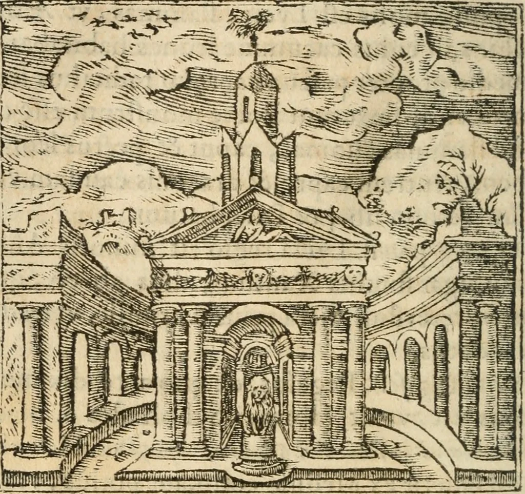 An illustration from Francisci Sanctii Brocensis In inclyta Salmaticensi Academia Rhetoricæ, Graecæque linguæ professoris Comment. in And. Alciati Emblemata : nunc denuò multis in locis accuratè recognita, & quamplurimis figuris illustrata ; cum indice copiosissimo, 1573, leaf 79