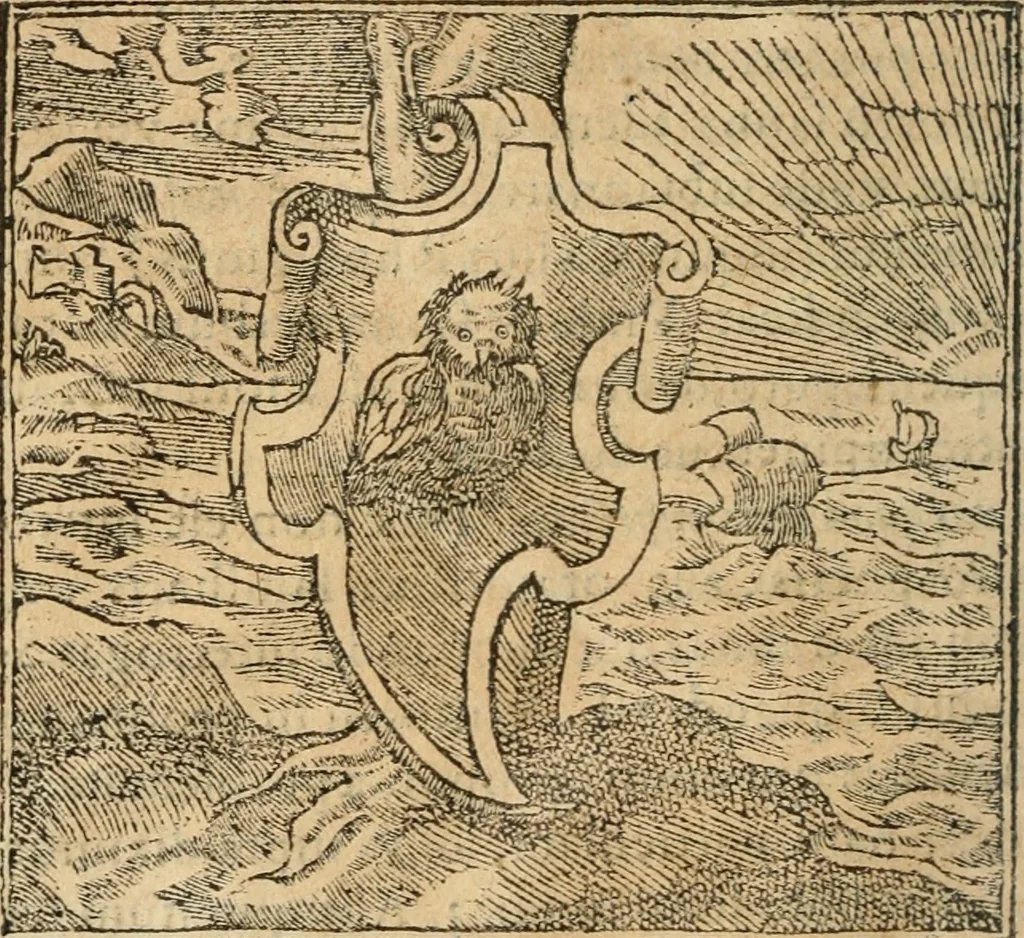 An illustration from Francisci Sanctii Brocensis In inclyta Salmaticensi Academia Rhetoricæ, Graecæque linguæ professoris Comment. in And. Alciati Emblemata : nunc denuò multis in locis accuratè recognita, & quamplurimis figuris illustrata ; cum indice copiosissimo, 1573, leaf 95