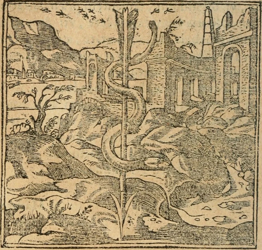 An illustration from Francisci Sanctii Brocensis In inclyta Salmaticensi Academia Rhetoricæ, Graecæque linguæ professoris Comment. in And. Alciati Emblemata : nunc denuò multis in locis accuratè recognita, & quamplurimis figuris illustrata ; cum indice copiosissimo, 1573, leaf 99