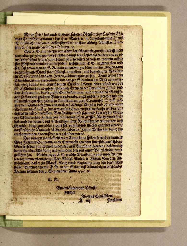 An illustration from Franciscus Dracus Redivivus. : Das ist, kurtze Beschreibung, aller vornehmbsten Reysen, Schiffarten vnnd Wasserschlachten, so der weitberümbte englische Admiral, Franciscus Dracus, welcher inn zwey Jahren vnd zehen Monaten orbem mundi beschiffet, hin vnd wider bey Pleymeuten, Cartsag: S. Domingo. August: Florida vnd der Insul Cuba, in seinem Leben glücklich gehalten vnd vollbracht. : Item von der jetzigen engelischen Admiraln vnnd Schiffobersten bey Calis Malis verrichten vnd Abzug, vnd was sie noch weiter daselbsten herumb biss dato vorhaben, [et]c. : Alles in drey Kupfferstück ordentlich vorgebildet, vnd durch Ziffern erkläret, [et]c, 1596, leaf 9