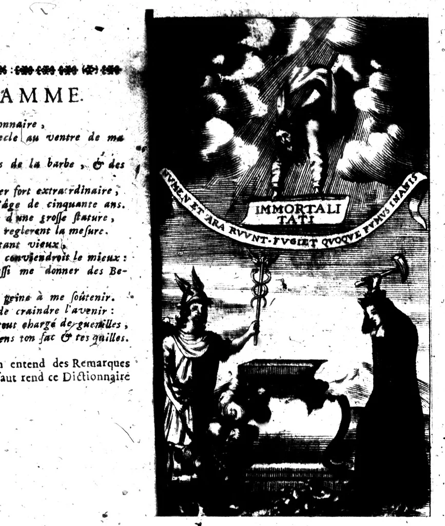 An illustration from L'Apothéose du dictionnaire de l'Académie, et son expulsion de la région céleste [microforme], 1696, leaf 1