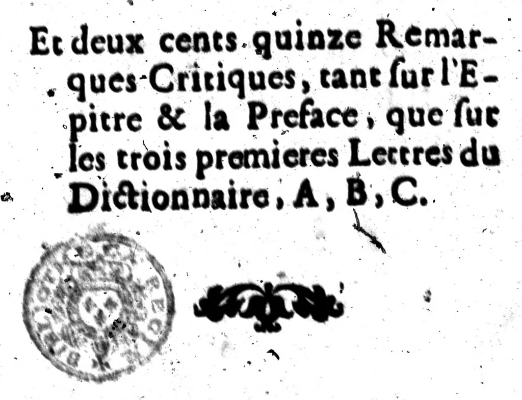 An illustration from L'enterrement du Dictionnaire de l'Académie [microforme] : ouvrage contenant la refutation de la Réponse de M. de M. Et deux cents quinze remarques critiques, tant sur l'Épitre & la Préface, que sur les trois premières lettres du Dictionnaire, A, B, C, 1697, leaf 0