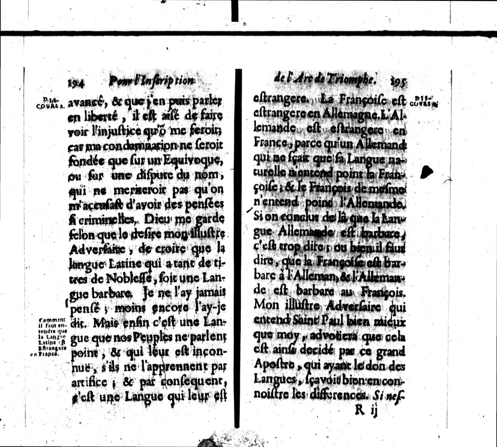 An illustration from Deffence de la langue françoise, pour l'inscription de l'Arc de triomphe [microforme], 1676, leaf 117