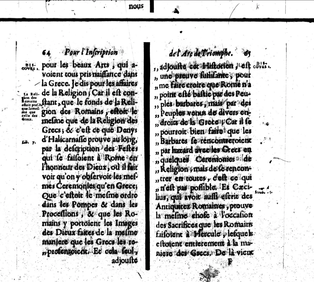 An illustration from Deffence de la langue françoise, pour l'inscription de l'Arc de triomphe [microforme], 1676, leaf 52