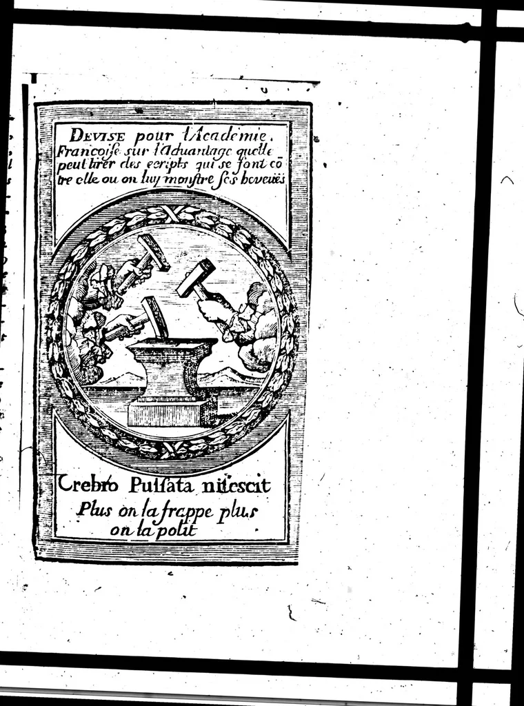 An illustration from Nouveau recueil des factums du procez, d'entre défunt Mr. l'abbé Furetière, l'un des quarante de l'Académie françoise, et quelques-uns des autres membres de la même Académie [microforme] : dans lequel on trouvera quantité de pièces tres-belles & tres-curieuses des deux parties, qui n'avoient pas été données au public.., 1694, leaf 565