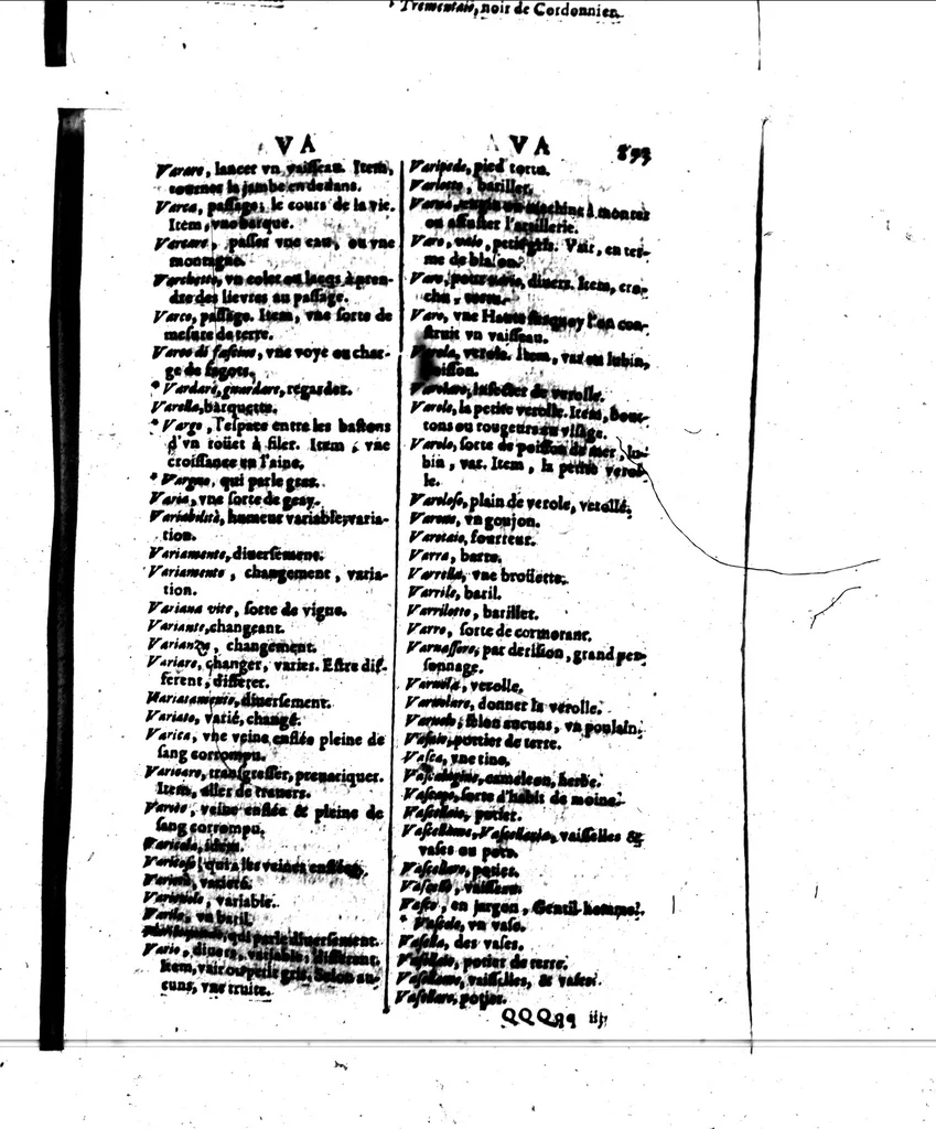 An illustration from Recherches italiennes et françoise, ou, Dictionnaire, contenant outre les mots ordinaire, une quantité de proverbes & de phrases, pour l'intelligence de l'une & l'autre langue [microforme] : avec un abrégé de grammaire italienne, 1640, leaf 869