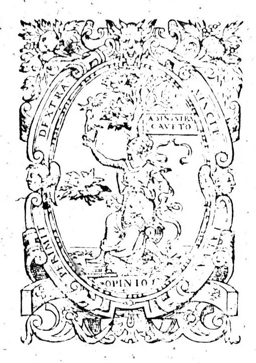 An illustration from Dictionnaire françois latin, auquel les mots françois, avec les manières d'user d'iceulx, sont tournez en latin [microforme], 1564, leaf 0
