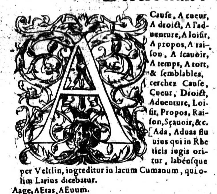 An illustration from Dictionnaire françois latin, auquel les mots françois, avec les manières d'user d'iceulx, sont tournez en latin [microforme], 1564, leaf 5