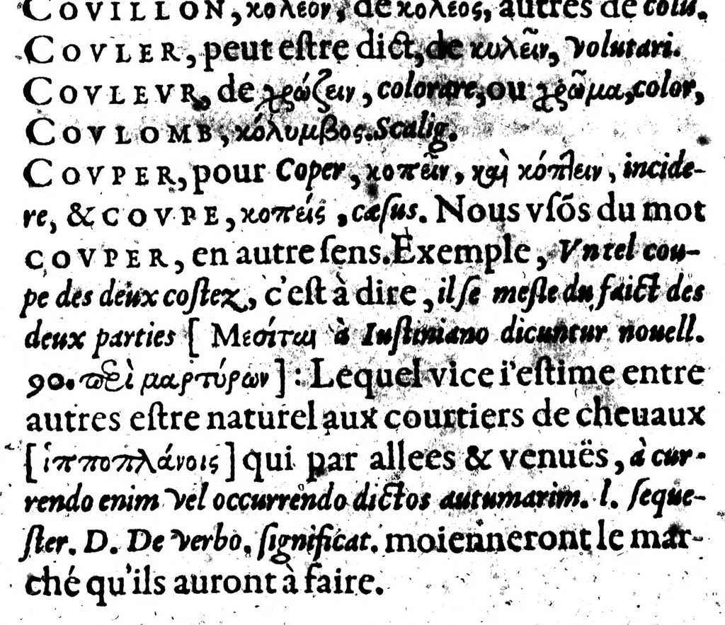 An illustration from Celt-hellenisme, ou, Etymologic des mots francois tirez du graec [microforme] : plus preuves en general de la descente de nostre langue, 1581, leaf 100